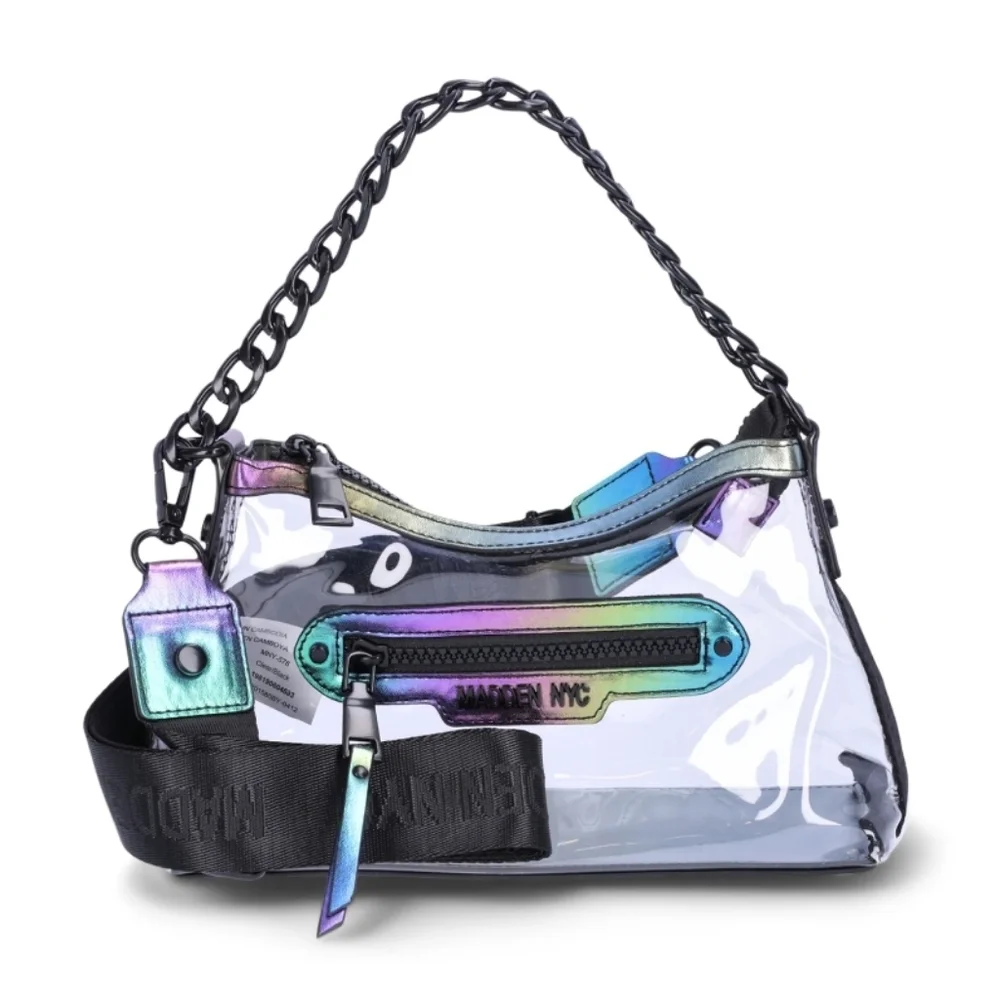 Madden NYC Denim Iridescent Clear Hobo Crossbody w Chain Bag Set 9x6.5x4 - Picture 1 of 4